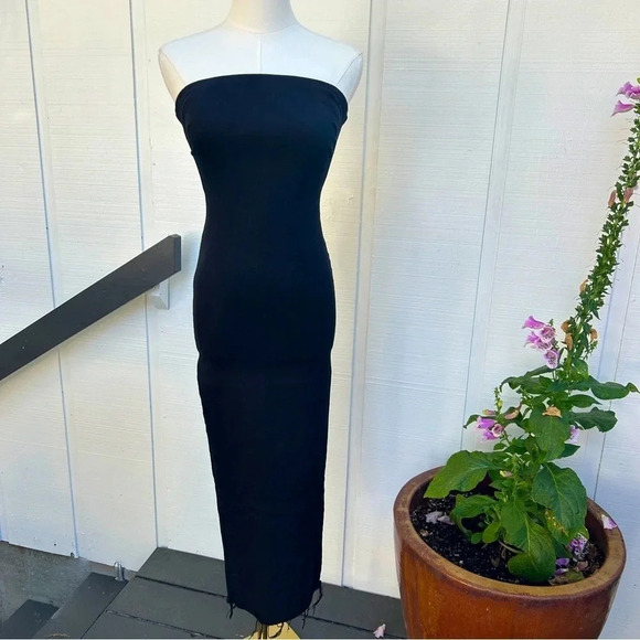 Zara Boho Chic Black Twill Bodycon Raw Hem Tubetop Maxi Festival Dress / Size XS - Picture 1 of 6